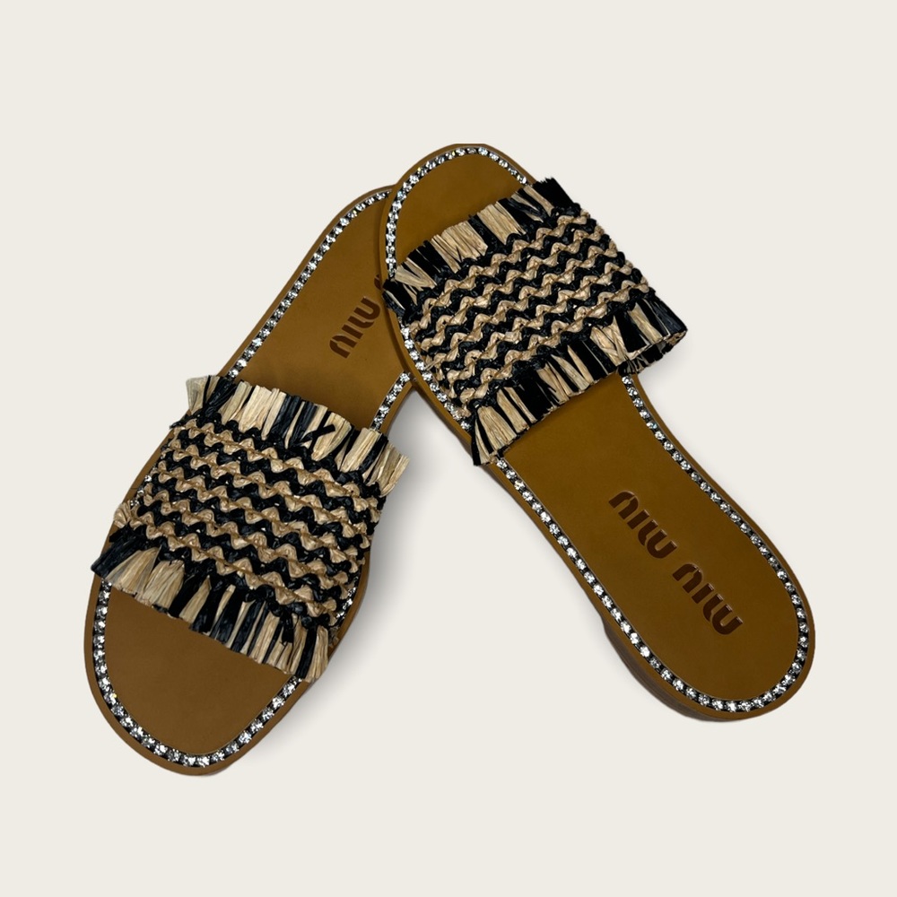 MIU MIU Women's Crystal-embellished Fringed Raffia Slides Brown EU38/US8 NEW